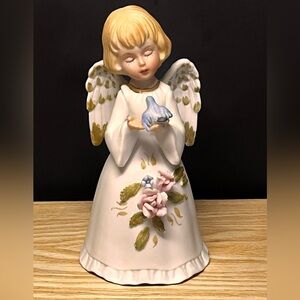 Lefton Angel Bell Figurine – Bisque Porcelain, Pink Roses, Bluebird #E8733, 4.5”